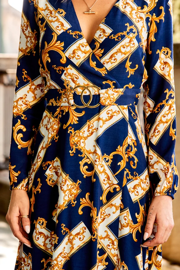 Navy Blue & Gold Baroque Print Belted Fit & Flare Dress 3 Navy Blue & Gold Baroque Print Belted Fit & Flare Dress - Image 3