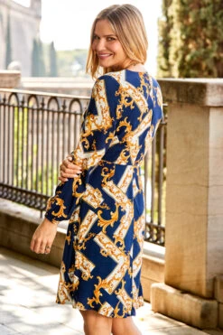 Navy Blue & Gold Baroque Print Belted Fit & Flare Dress 9 Navy Blue & Gold Baroque Print Belted Fit & Flare Dress -Opal & Oak Store web 29 a22dw075becv01 221