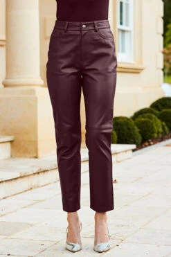 Wine Leather Straight Leg Trousers -Opal & Oak Store web 31 a22bl020rd0011 413