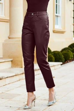 Wine Leather Straight Leg Trousers -Opal & Oak Store web 31 a22bl020rd0011 421
