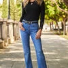 Mid Blue Raw Hem Kick Flare Jeans
