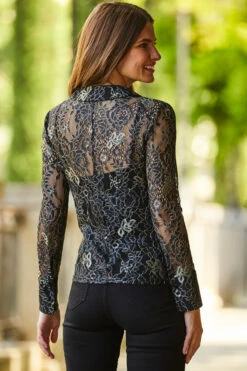 Black & Gold Luxe Lace Gathered Front Jersey Shirt 9 Black & Gold Luxe Lace Gathered Front Jersey Shirt -Opal & Oak Store web 35 a22tj042bk0001 233