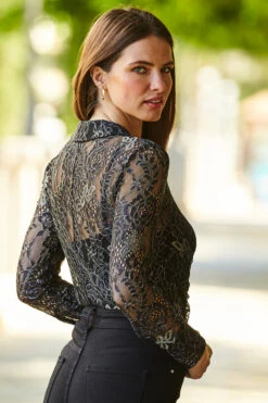 Black & Gold Luxe Lace Gathered Front Jersey Shirt 10 Black & Gold Luxe Lace Gathered Front Jersey Shirt -Opal & Oak Store web 35 a22tj042bk0001 389