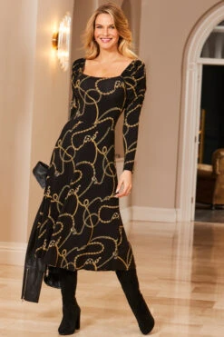 Black & Gold Chain Print Square Neck Midi Jersey Dress
