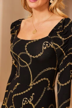 Black & Gold Chain Print Square Neck Midi Jersey Dress -Opal & Oak Store web 35 s21dj106bkcv01 118