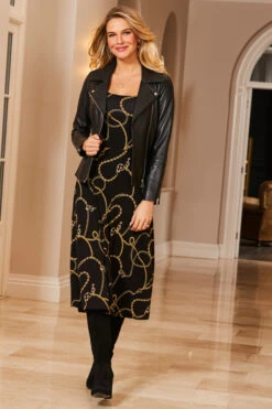 Black & Gold Chain Print Square Neck Midi Jersey Dress -Opal & Oak Store web 35 s21dj106bkcv01 130