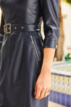 Navy Blue Faux Leather Belted Dress With Pockets -Opal & Oak Store web 35 s22dp001be 093