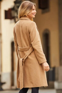 Camel Belted Wool Mix Coat With Pockets -Opal & Oak Store web 39 s22ow085bn a20bd095bk 111