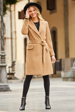 Camel Belted Wool Mix Coat With Pockets -Opal & Oak Store web 39 s22ow085bn a20bd095bk 139