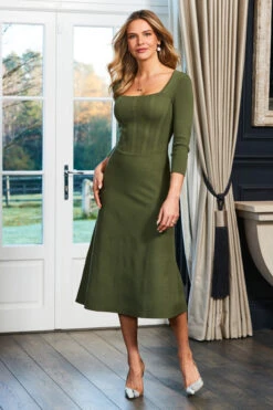 Khaki Green Sculpting Detail Fit & Flare Knitted Dress