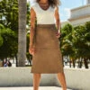 Taupe Leather A-Line Skirt With Pockets