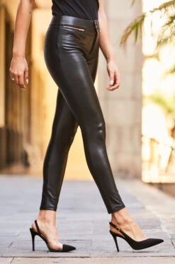 Black Rose Gold Button & Zip Detail Leather Look Leggings -Opal & Oak Store web 42 s22bp001bk 055
