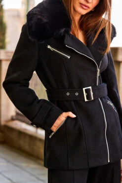 Black Wool Mix Coat With Faux Fur Collar -Opal & Oak Store web 46 s20tj265pima01 a20ow020bk0001 140