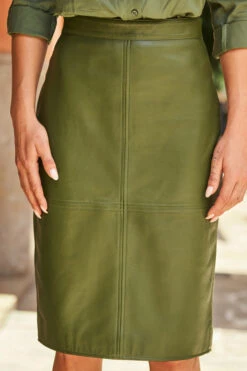 Khaki Green Leather Panelled Pencil Skirt 12 Khaki Green Leather Panelled Pencil Skirt -Opal & Oak Store web 49 a19sl013gn0002 217