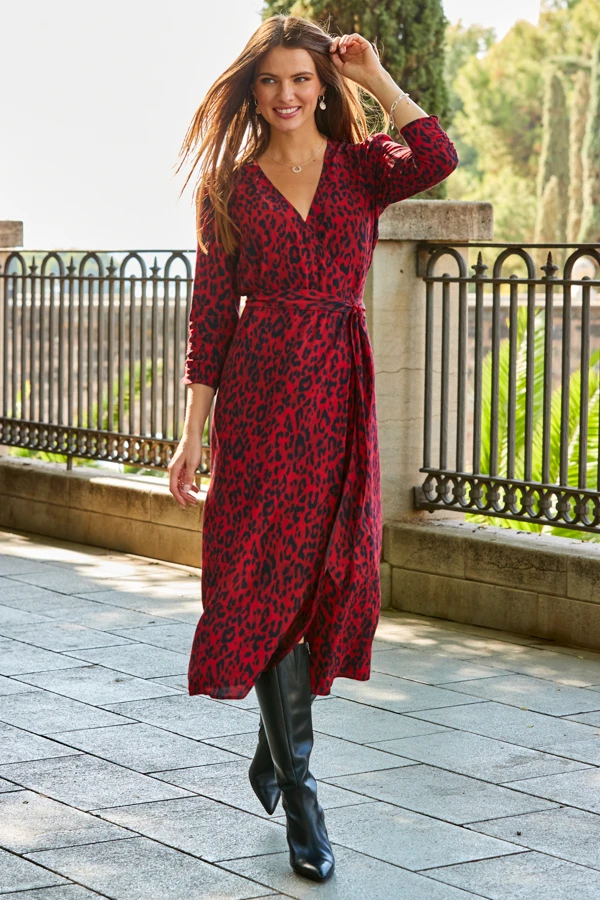 Red Animal Print Ruched Sleeve Midi Wrap Dress 2 Red Animal Print Ruched Sleeve Midi Wrap Dress - Image 2