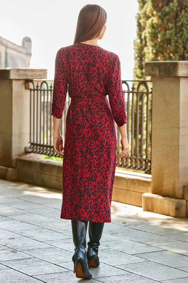 Red Animal Print Ruched Sleeve Midi Wrap Dress 3 Red Animal Print Ruched Sleeve Midi Wrap Dress - Image 3