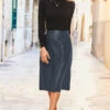 Grey Leather A-Line Skirt With Pockets