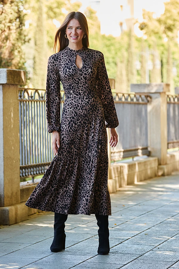 Brown & Black Fleck Print Keyhole Detail Midi Jersey Dress 2 Brown & Black Fleck Print Keyhole Detail Midi Jersey Dress - Image 2