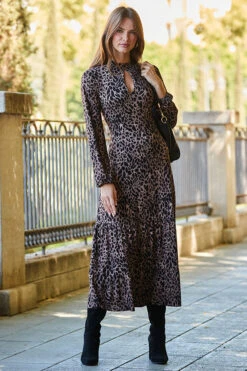 Brown & Black Fleck Print Keyhole Detail Midi Jersey Dress