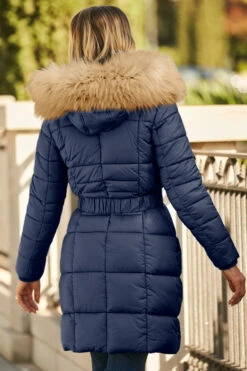 Navy Blue Faux Fur Trim Luxe Longline Padded Coat -Opal & Oak Store web 58 s22ow009be 136 navy rt2