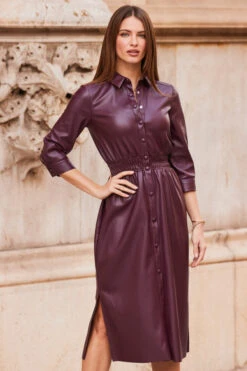 Burgundy Shirred Waist Popper Front Shirt Dress