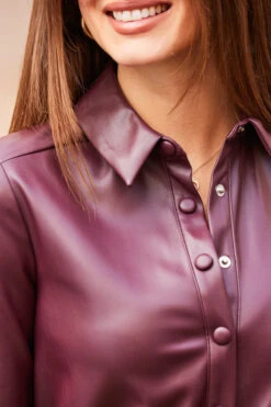 Burgundy Shirred Waist Popper Front Shirt Dress -Opal & Oak Store web 58 s23dp009rd0004 214