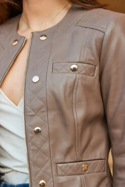 Taupe Quilted Round Neck Leather Jacket With Gold Buttons -Opal & Oak Store web 59 s23ol001bn0003 131
