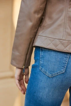 Taupe Quilted Round Neck Leather Jacket With Gold Buttons -Opal & Oak Store web 59 s23ol001bn0003 135