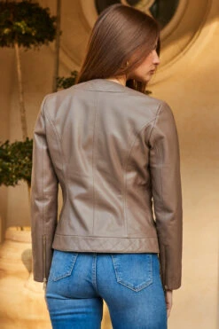 Taupe Quilted Round Neck Leather Jacket With Gold Buttons -Opal & Oak Store web 59 s23ol001bn0003 139