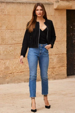 Black Suede Fringed Jacket -Opal & Oak Store web 63 s23op002bk0001 030 rt