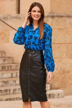 Black Zip Front Leather Pencil Skirt