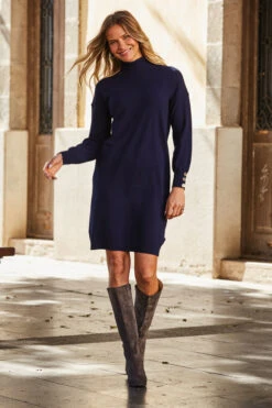 Navy Blue Roll Neck Button Cuff Knitted Dress -Opal & Oak Store web 69 s22dk700be 004