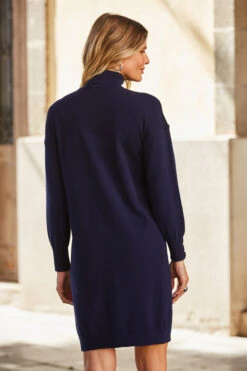 Navy Blue Roll Neck Button Cuff Knitted Dress -Opal & Oak Store web 69 s22dk700be 089