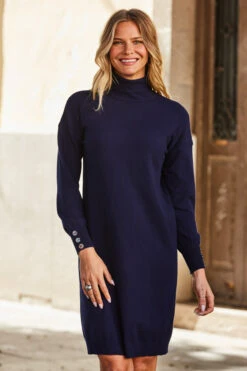 Navy Blue Roll Neck Button Cuff Knitted Dress -Opal & Oak Store web 69 s22dk700be 115