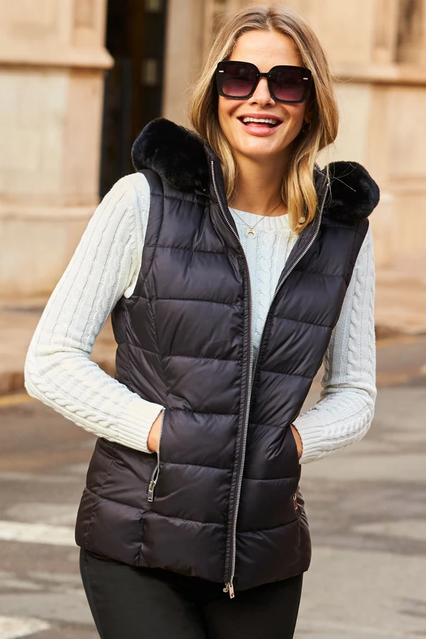 Black Faux Fur Trim Padded Gilet With Zip Pockets 3 Black Faux Fur Trim Padded Gilet With Zip Pockets - Image 3