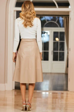 Ecru Leather Look Panelled A-Line Midi Skirt -Opal & Oak Store web 74 0061