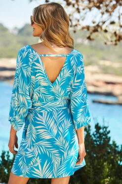 Sky Blue & White Palm Print Tie Waist Beach Dress -Opal & Oak Store web 76 s22rw022be0027 133