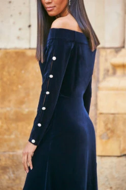 Midnight Blue Velvet Embellished Sleeve Bardot Dress -Opal & Oak Store web 77 a21dv019 088