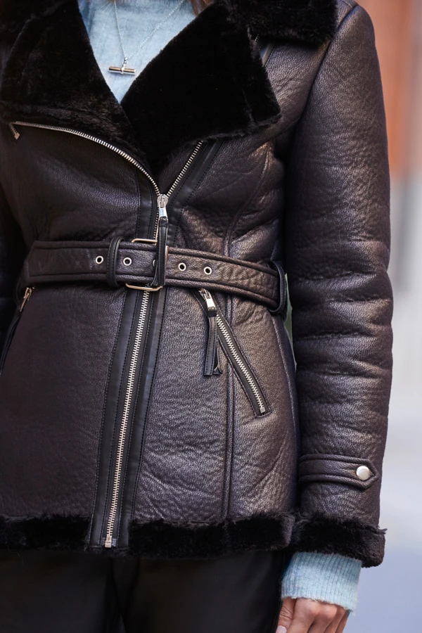 Black Faux Shearling Belted Biker Jacket 5 Black Faux Shearling Belted Biker Jacket - Image 5