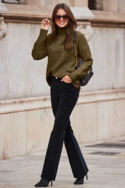 Khaki Green Chevron Roll Neck Ribbed Jumper