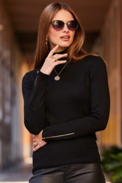 Black Roll Neck Rose Gold Zip Detail Jumper