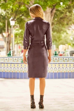 Burgundy Gold Popper Front Belted Leather Dress -Opal & Oak Store web 85 s22dl055bk 154 burgundy rt