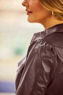 Burgundy Gold Popper Front Belted Leather Dress -Opal & Oak Store web 85 s22dl055bk 171 burgundy rt