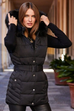 Black Faux Fur Trim Belted Padded Gilet With Hood