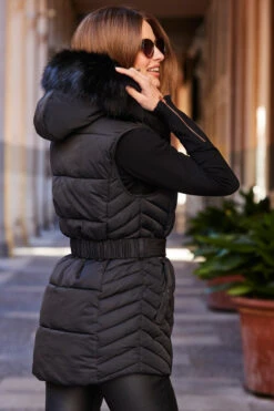 Black Faux Fur Trim Belted Padded Gilet With Hood -Opal & Oak Store web 85 s23ow007bk0001 181