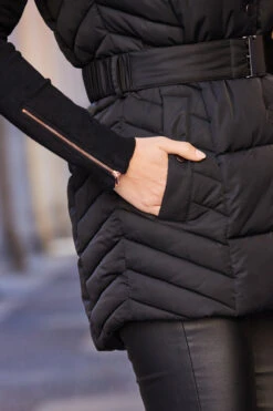 Black Faux Fur Trim Belted Padded Gilet With Hood -Opal & Oak Store web 85 s23ow007bk0001 200