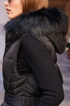 Black Faux Fur Trim Belted Padded Gilet With Hood -Opal & Oak Store web 85 s23ow007bk0001 213