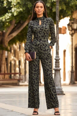 Khaki Green Animal Print Keyhole Detail Wide Leg Jumpsuit