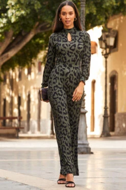 Khaki Green Animal Print Keyhole Detail Wide Leg Jumpsuit -Opal & Oak Store web 91 s23jj004khan01 013
