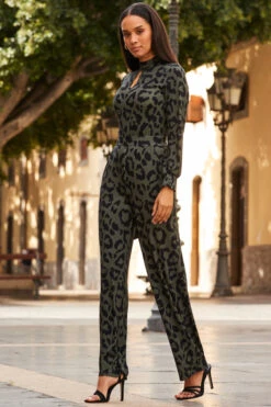 Khaki Green Animal Print Keyhole Detail Wide Leg Jumpsuit -Opal & Oak Store web 91 s23jj004khan01 051